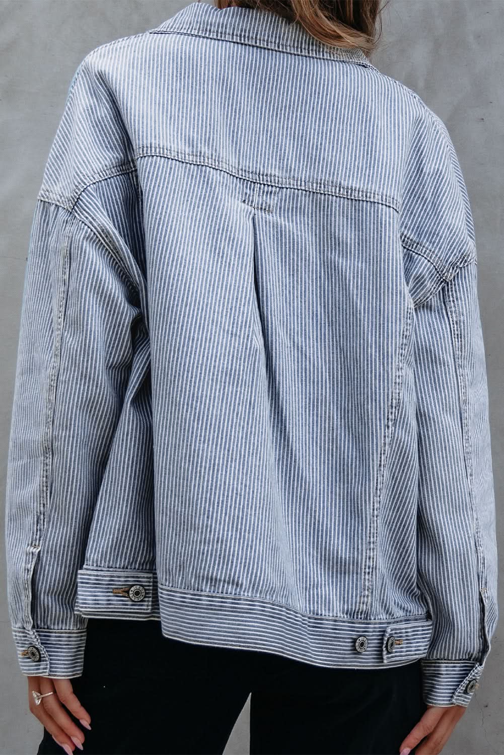Sky Blue Stripe Washed Oversize Pocketed Denim Jacket - Love Salve